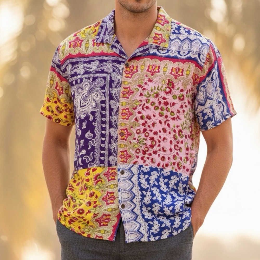 Patchwork Paisley Raga Man Multicolor Viscose Camp Shirt Size XL